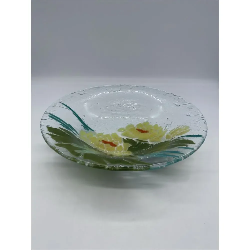 Large Fused Glass Bowl w/ Yellow Flowers 10.75” Wide